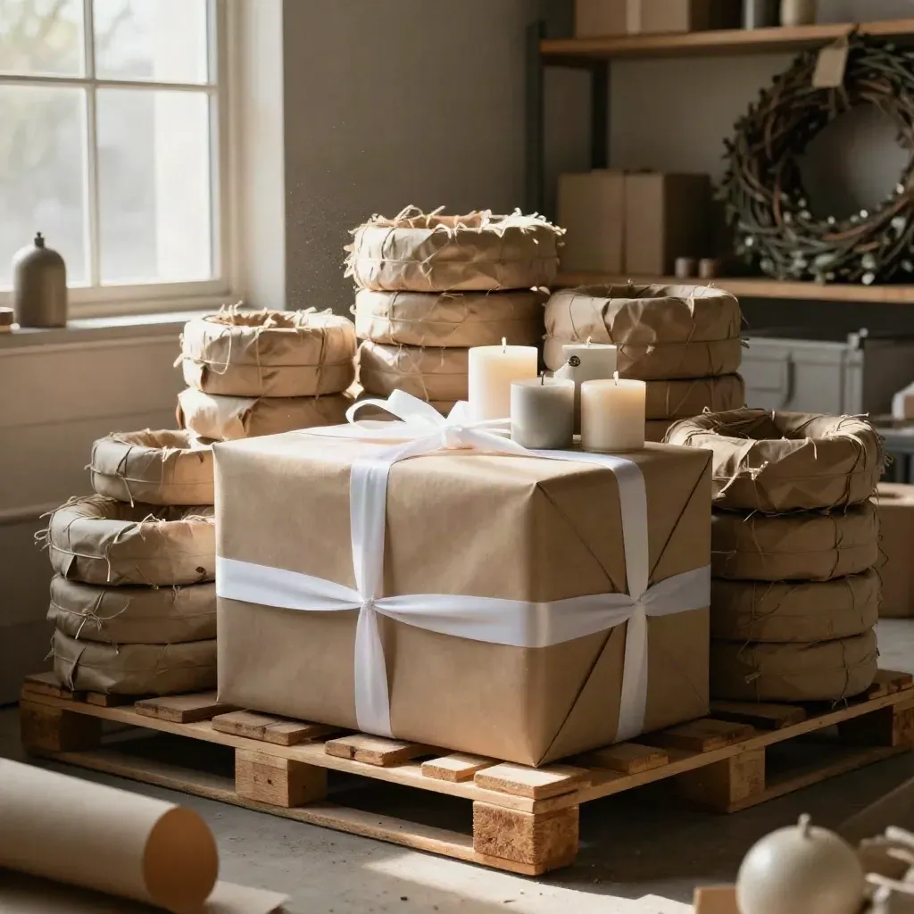 Seasonal decor pallet with wreath rings, candle boxes, and ornaments in a warm warehouse corner