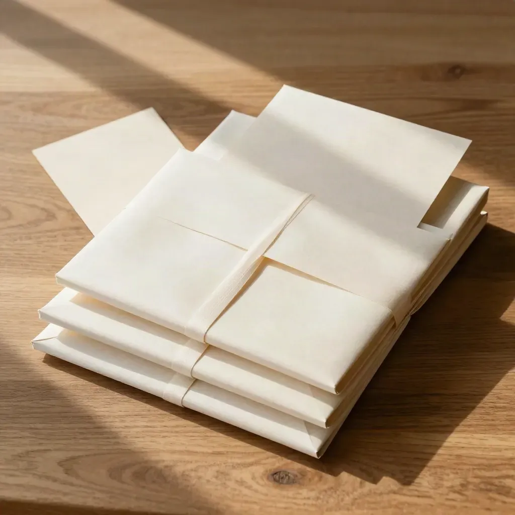 Overhead flatlay of unbranded gift set boxes, tissue paper and parcels on warm wood