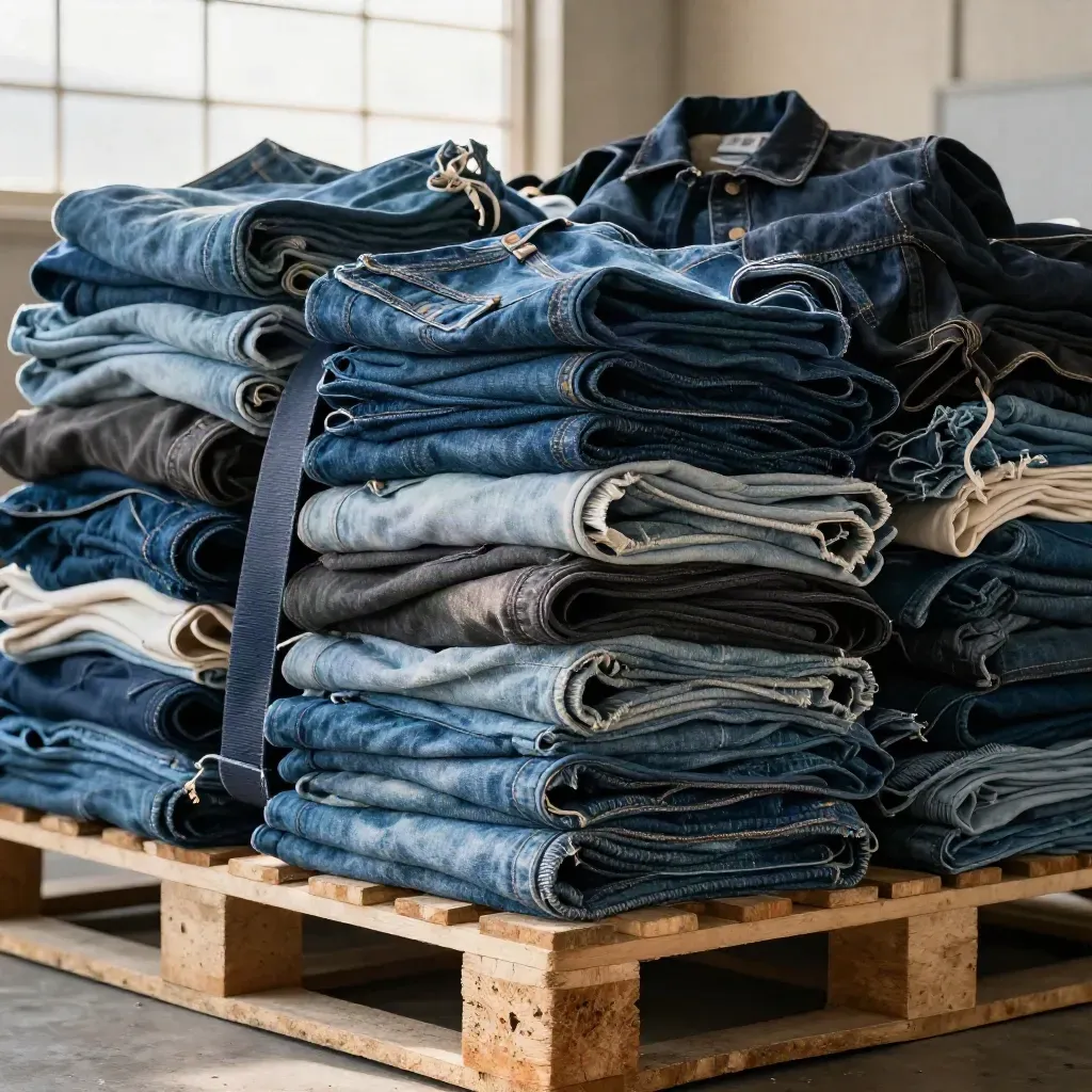 Extreme macro of folded denim stacks and jackets leaning diagonally on a concrete pallet.